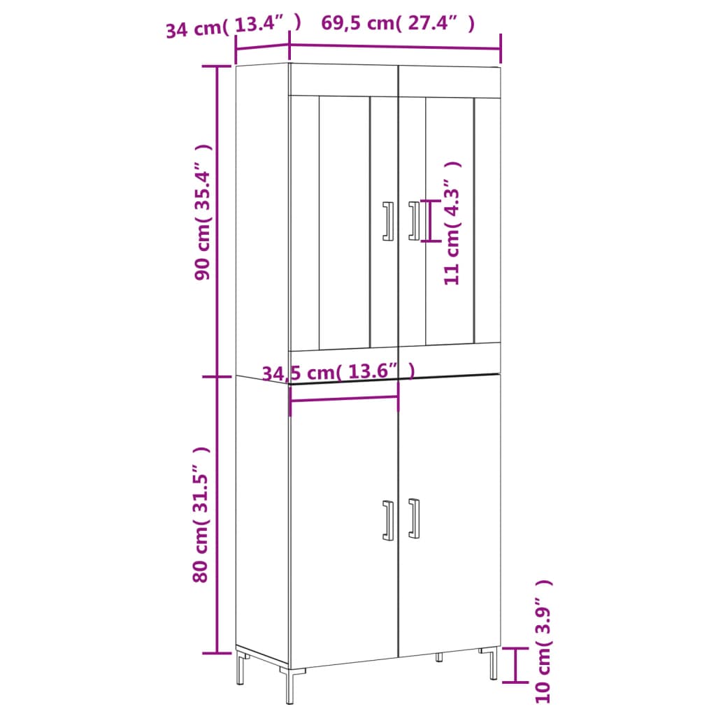 Højskab 69,5x34x180 Cm Konstrueret Træ - Billede 13