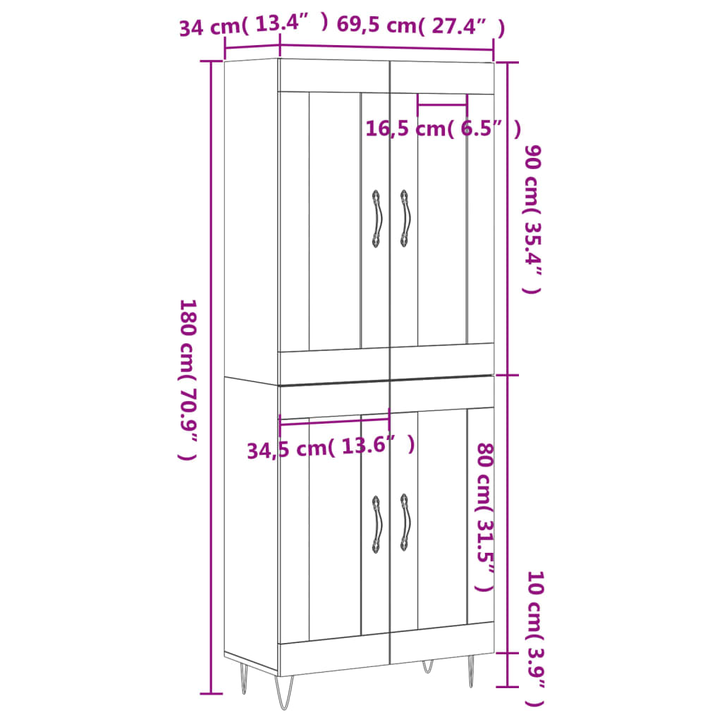 Højskab 69,5x34x180 Cm Konstrueret Træ - Billede 13