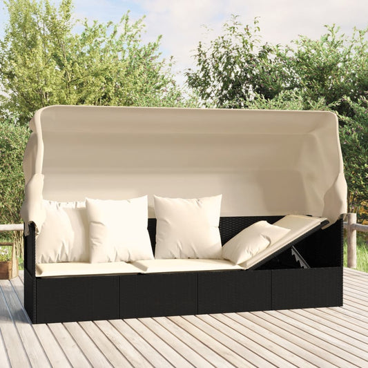 Udendørs Loungesofa Med Tag Og Hynder Polyrattan Sort