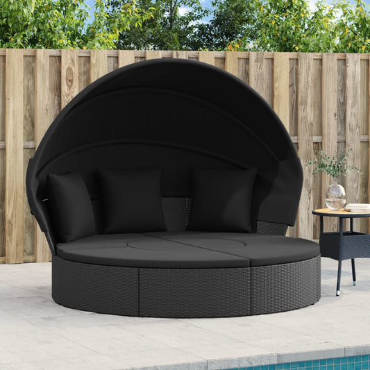 Udendørs Loungeseng Med Tag Og Hynder Polyrattan