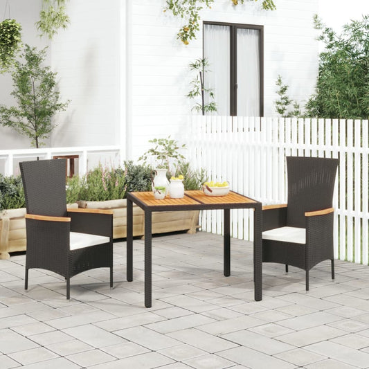Spisebordssæt Til Haven 3 Dele Med Hynder Polyrattan Sort