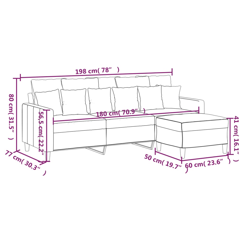 3-Personers Sofa Med Fodskammel 180 Cm Velour