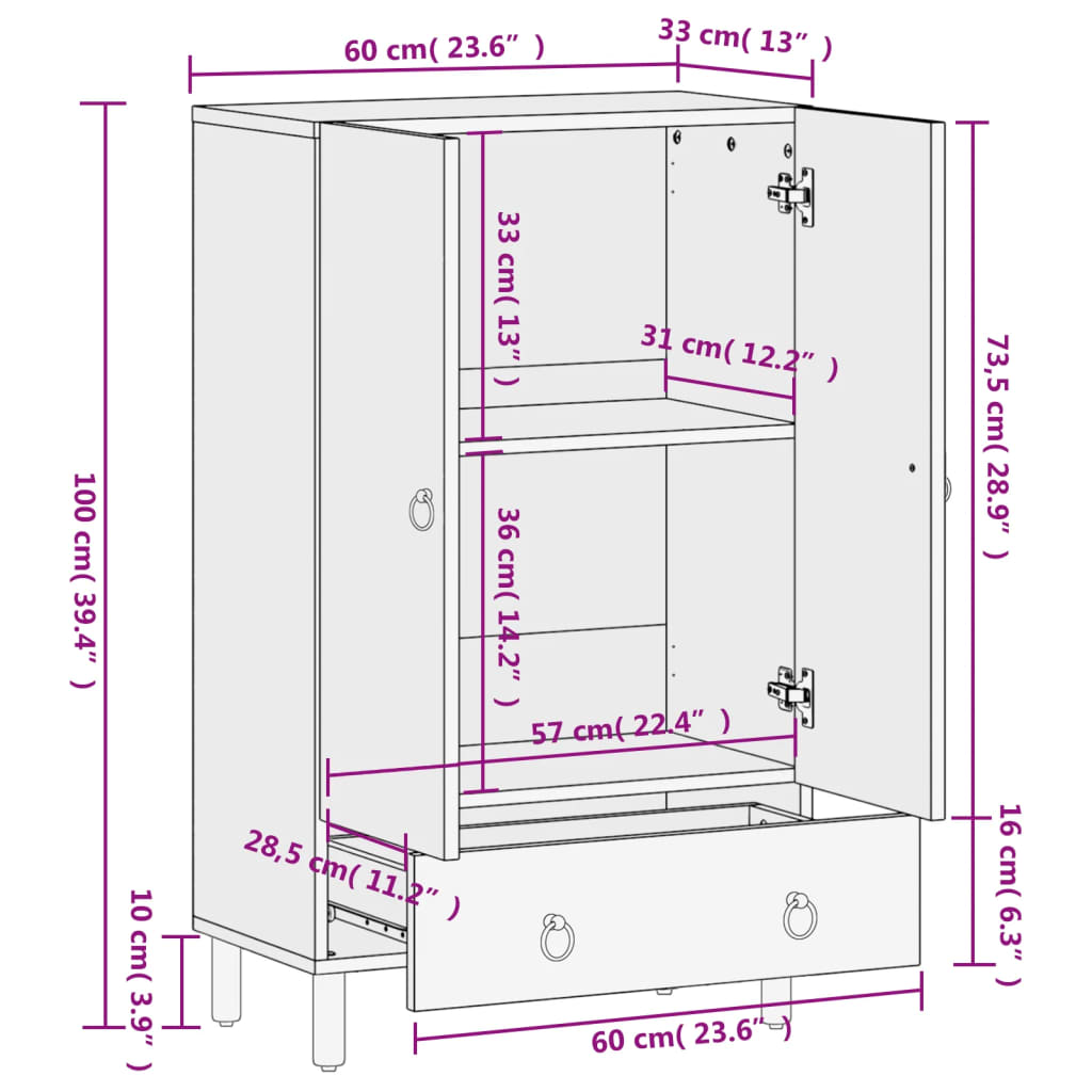 Skab 60x33x100 Cm Massivt Mangotræ - Billede 12