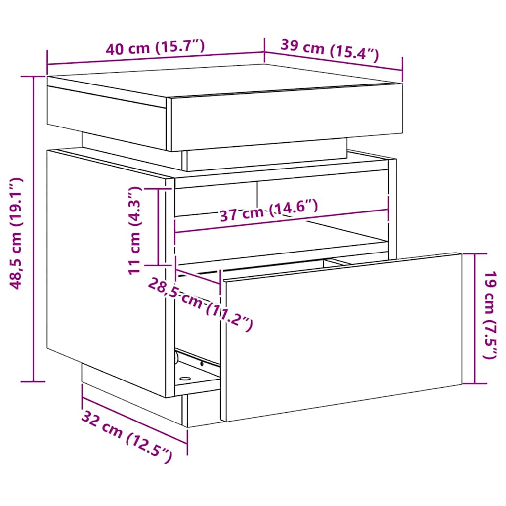 Sengebord Med LED-lys 40x39x48,5 Cm - Billede 15