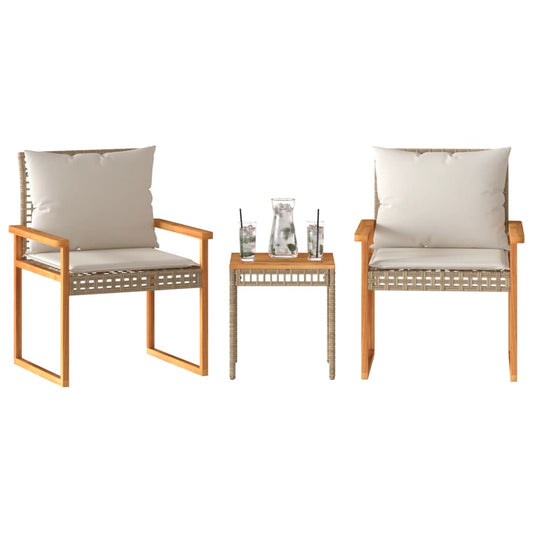 Bistrosæt 3 Dele Med Hynder Polyrattan Og Akacietræ Beige