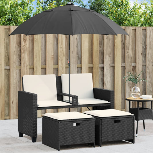 2-Personers Havesofa Med Parasol Og Skamler Polyrattan Sort