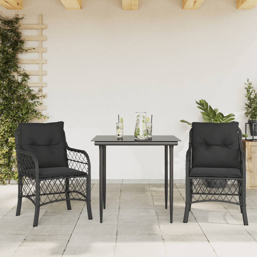 Bistrosæt til Haven 3 Dele med Hynder Polyrattan Sort - hovedbillede