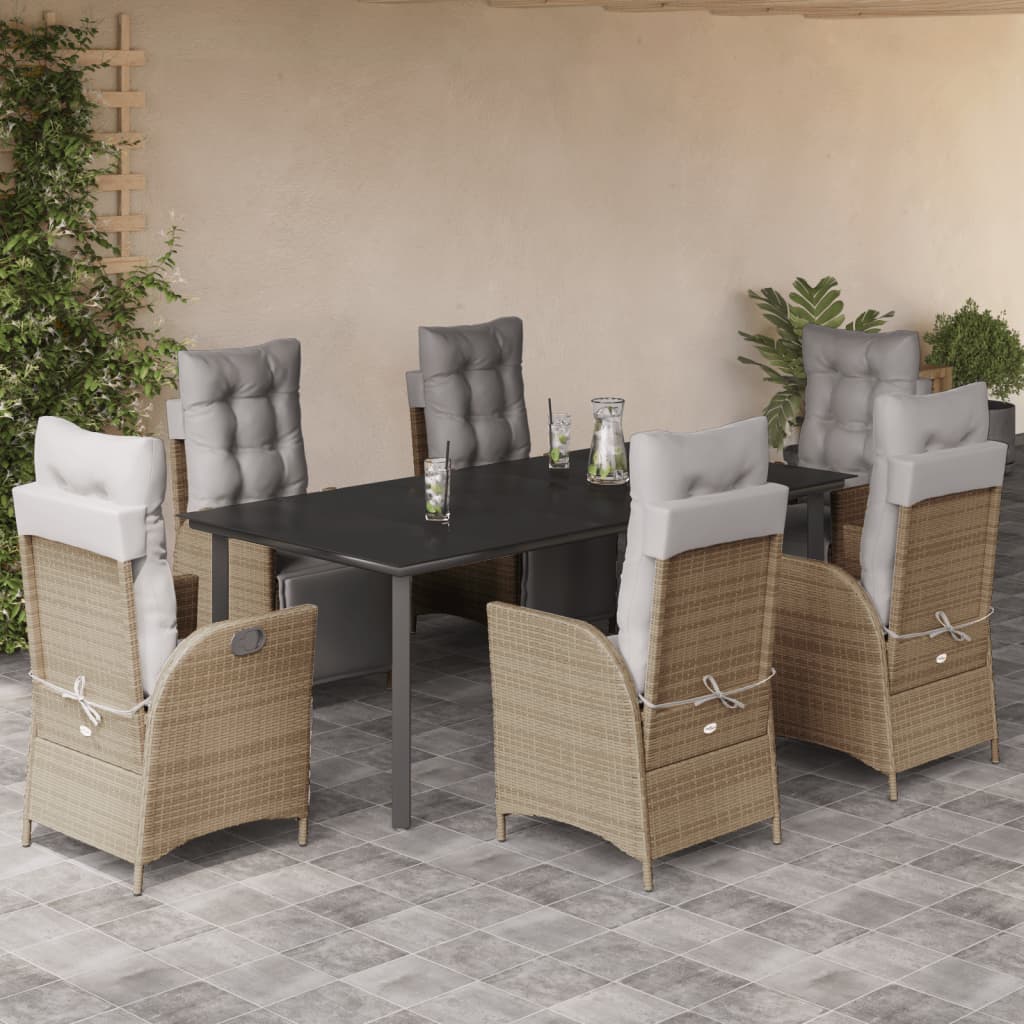 Spisebordssæt Til Haven 7 Dele Med Hynder Polyrattan Beige