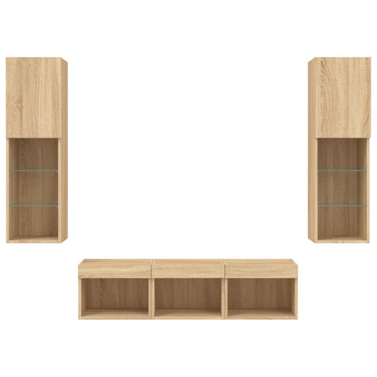 Tv-Møbel Til Væg 5 Dele Med Led-Lys Konstrueret Træ