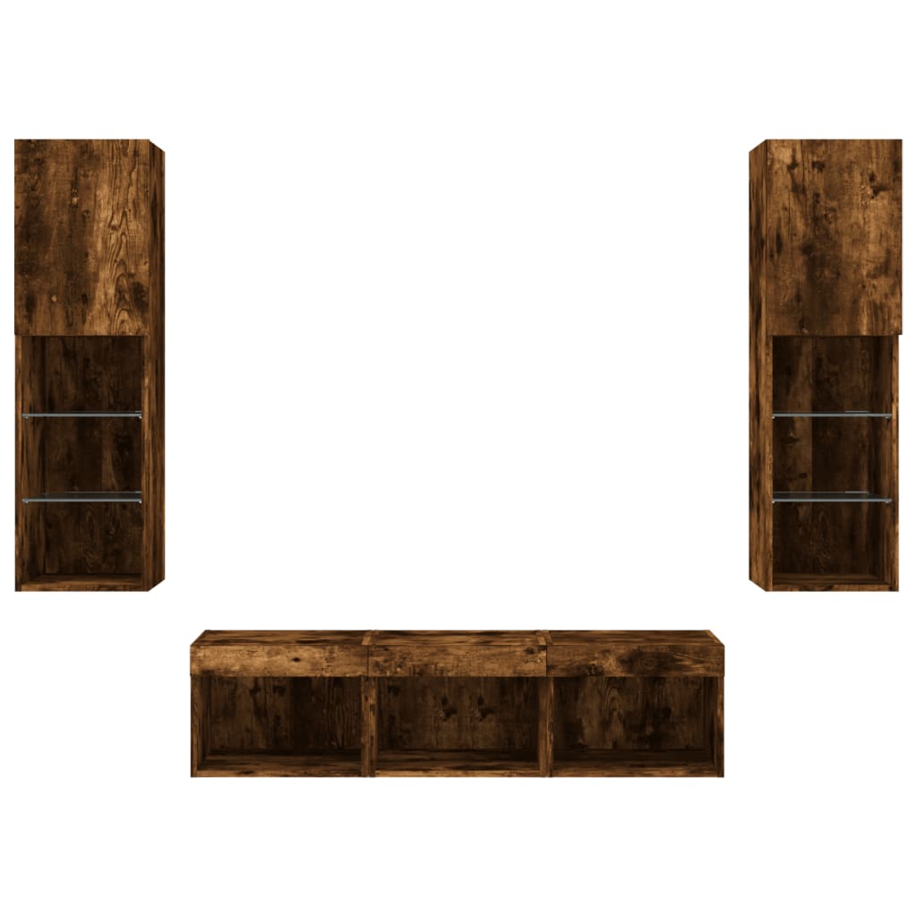 Tv-Møbel Til Væg 5 Dele Med Led-Lys Konstrueret Træ