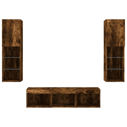 Tv-Møbel Til Væg 5 Dele Med Led-Lys Konstrueret Træ