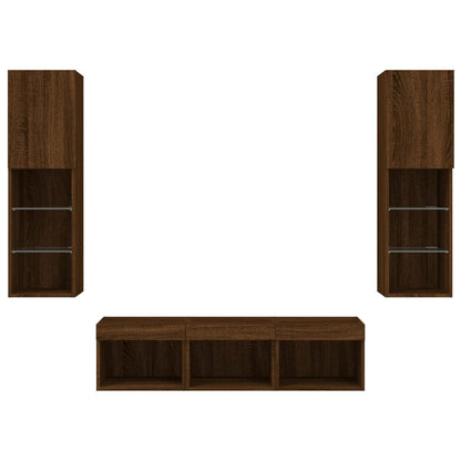 Tv-Møbel Til Væg 5 Dele Med Led-Lys Konstrueret Træ