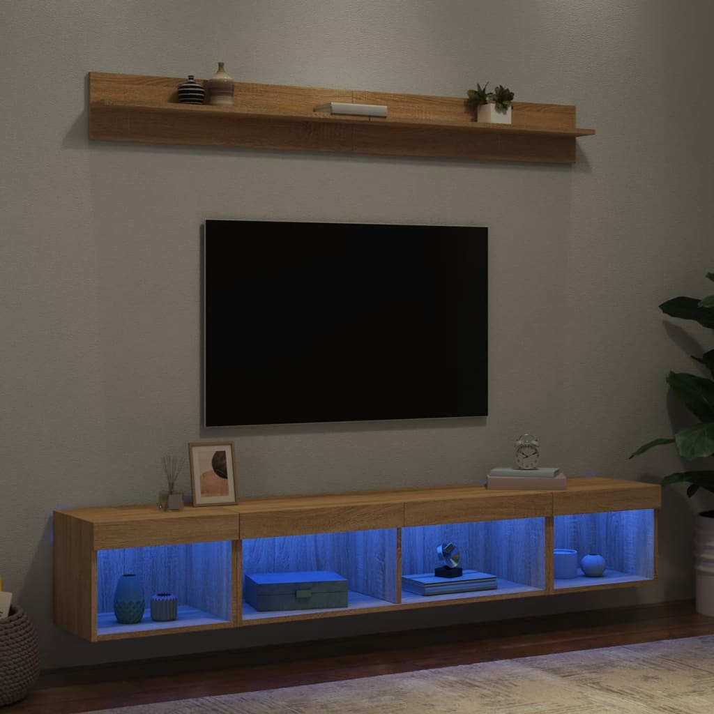 Tv-møbel Til Væg 5 Dele Med Led-lys Konstrueret Træ