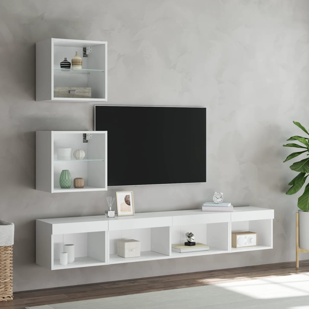 Tv-møbel Til Væg 5 Dele Med Led-lys Konstrueret Træ - Billede 4