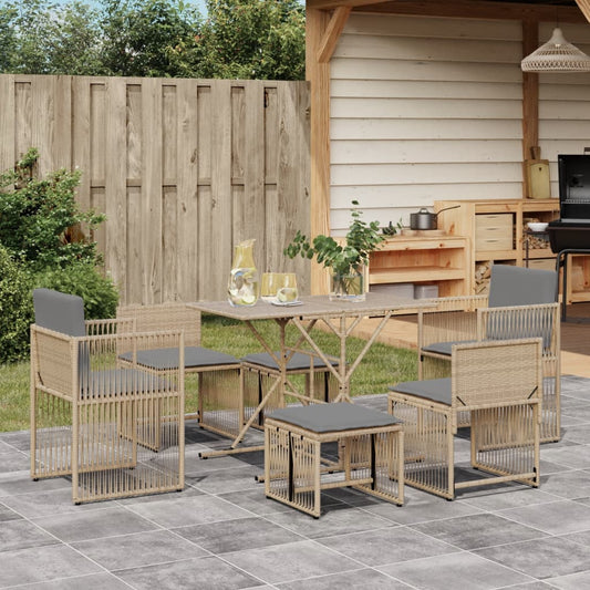 Spisebordssæt Til Haven 7 Dele Med Hynder Polyrattan Beige