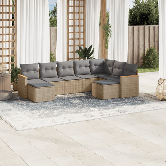 Spisebordssæt Til Haven 9 Dele Med Hynder Polyrattan Beige