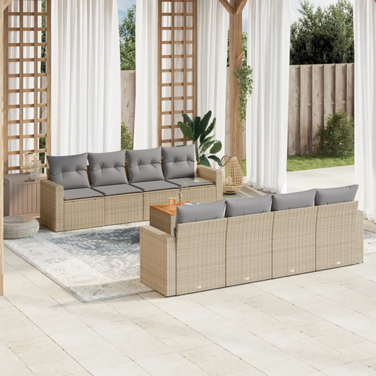 Spisebordssæt Til Haven 9 Dele Med Hynder Polyrattan Beige