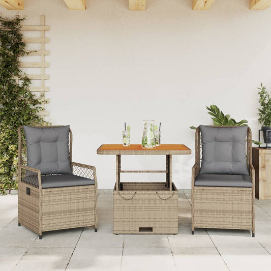 Spisebordssæt Til Haven 3 Dele Med Hynder Polyrattan Beige