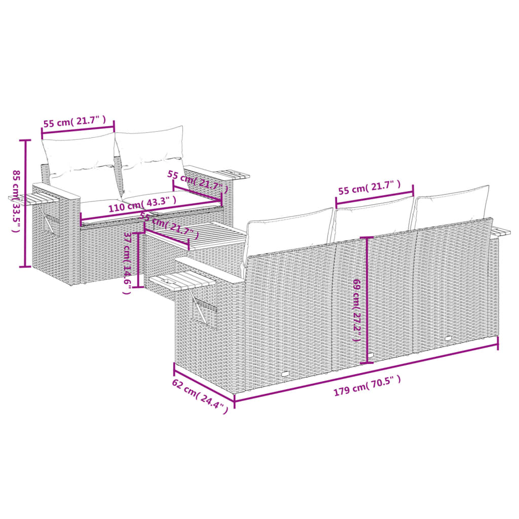 Sofasæt Til Haven 6 Dele Med Hynder Polyrattan - Billede 3
