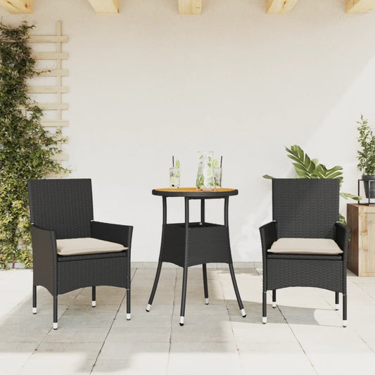 Spisebordssæt Til Haven 3Dele M. Hynder Polyrattan Og Glas Sort