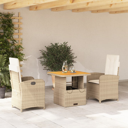 Spisebordssæt Til Haven 3 Dele Med Hynder Polyrattan Beige