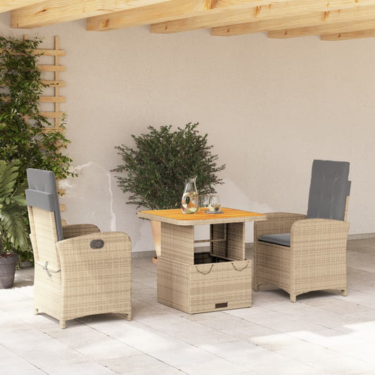 Spisebordssæt Til Haven 3 Dele Med Hynder Polyrattan Beige