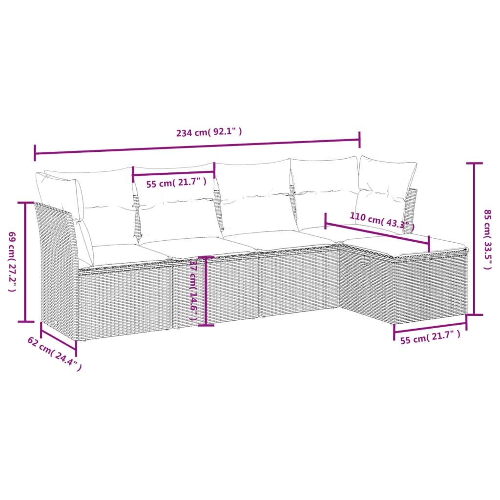 Havesofasæt 5 Dele Med Hynder Polyrattan Beige - Billede 4