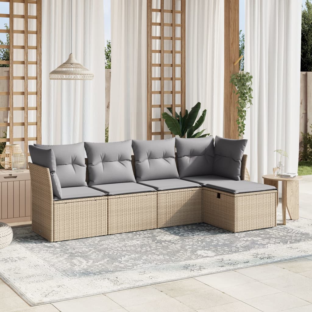 Havesofasæt 5 Dele Med Hynder Polyrattan Beige - Hovedbillede