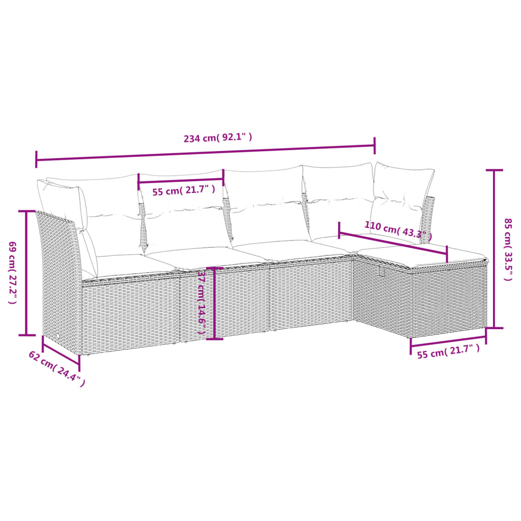 Sofasæt til Haven 5 Dele med Hynder Polyrattan Grå - billede 4