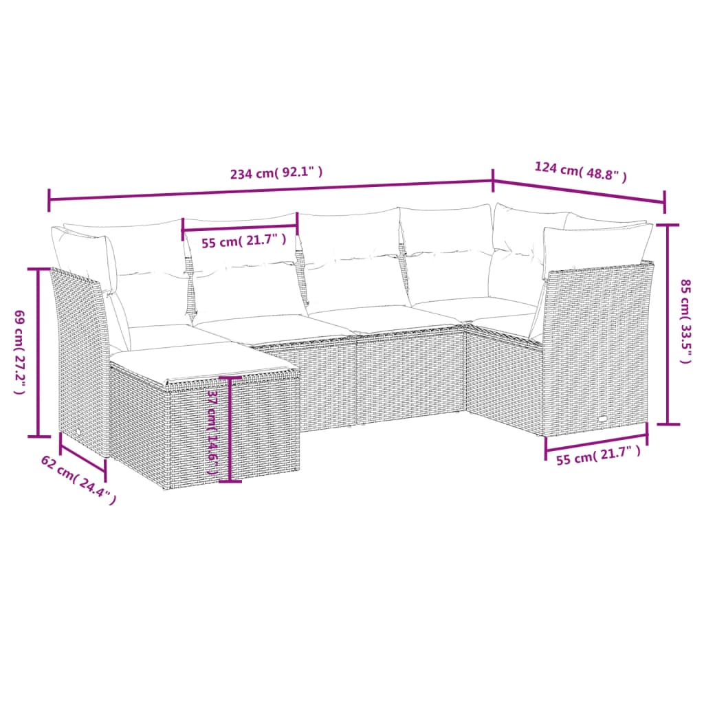 Havesofasæt 6 Dele Med Hynder Polyrattan Beige - Billede 4