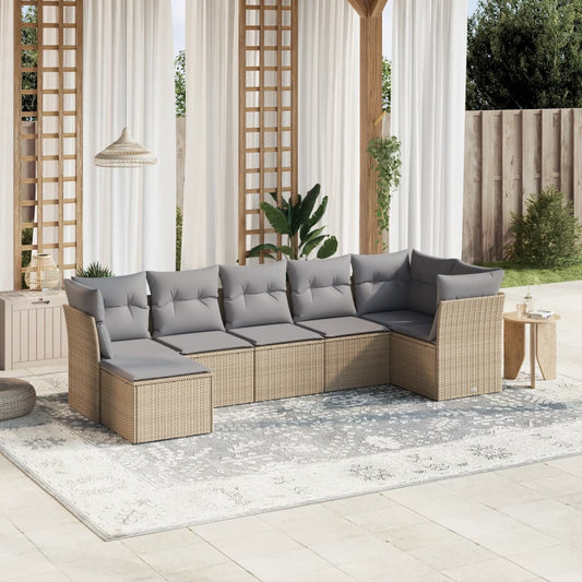 Havesofasæt 7 Dele Med Hynder Polyrattan Beige - Hovedbillede
