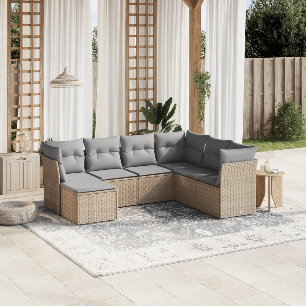 Havesofasæt 7 Dele Med Hynder Polyrattan Beige - Hovedbillede