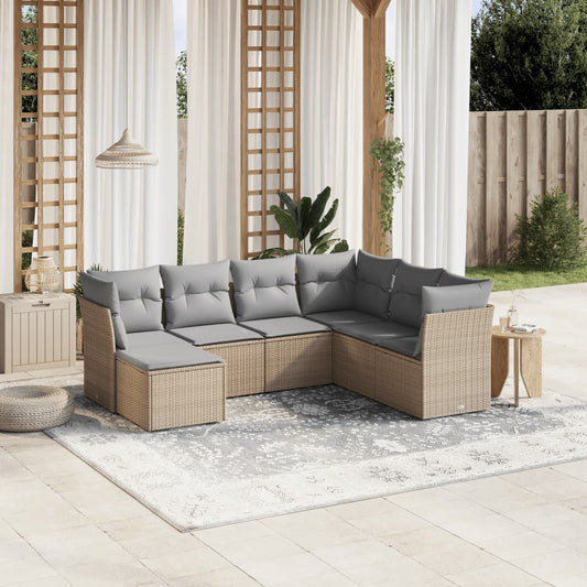 Havesofasæt 7 Dele Med Hynder Polyrattan Beige - Hovedbillede
