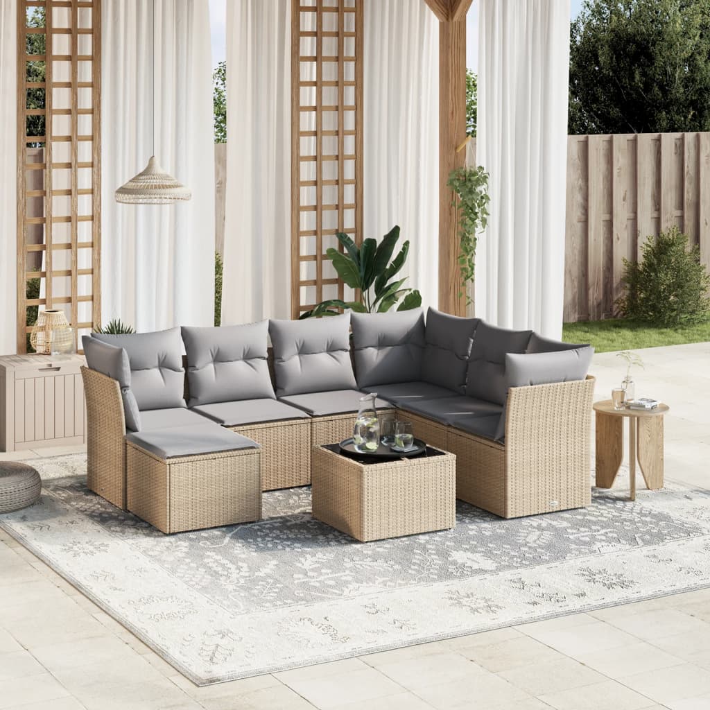 Havesofasæt 8 Dele Med Hynder Polyrattan Beige - Hovedbillede