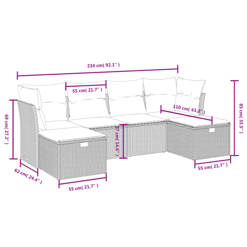 Havesofasæt 6 Dele Med Hynder Polyrattan Beige - Billede 4