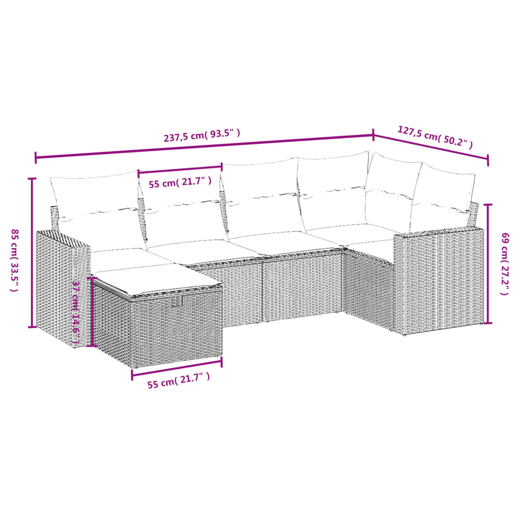 Havesofasæt 6 Dele Med Hynder Polyrattan Beige - Billede 4