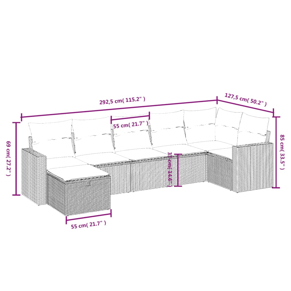 Havesofasæt 7 Dele Med Hynder Polyrattan Beige - Billede 4