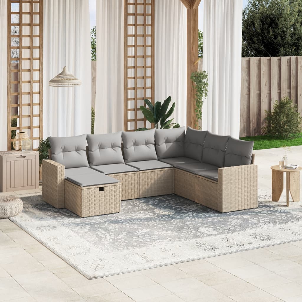Havesofasæt 7 Dele Med Hynder Polyrattan Beige - Hovedbillede