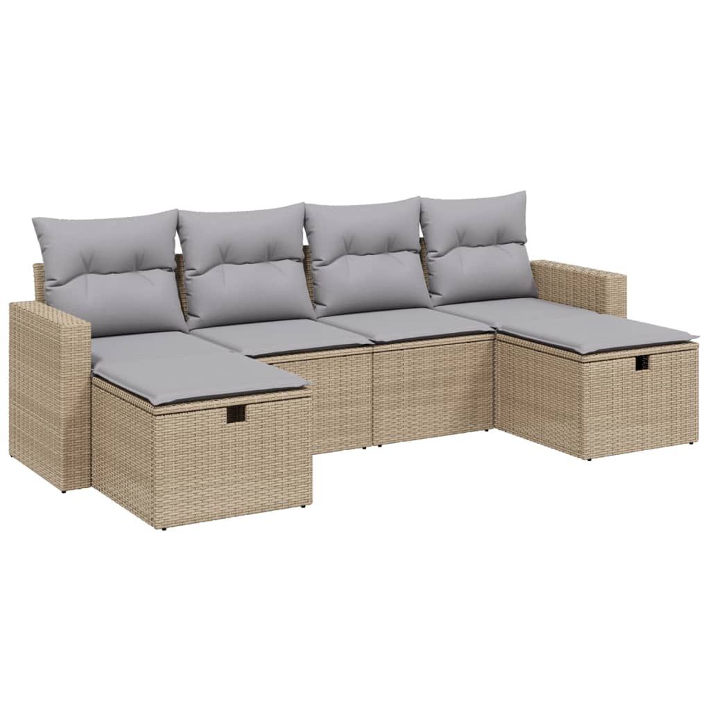 Havesofasæt 6 Dele Med Hynder Polyrattan Beige - Billede 2