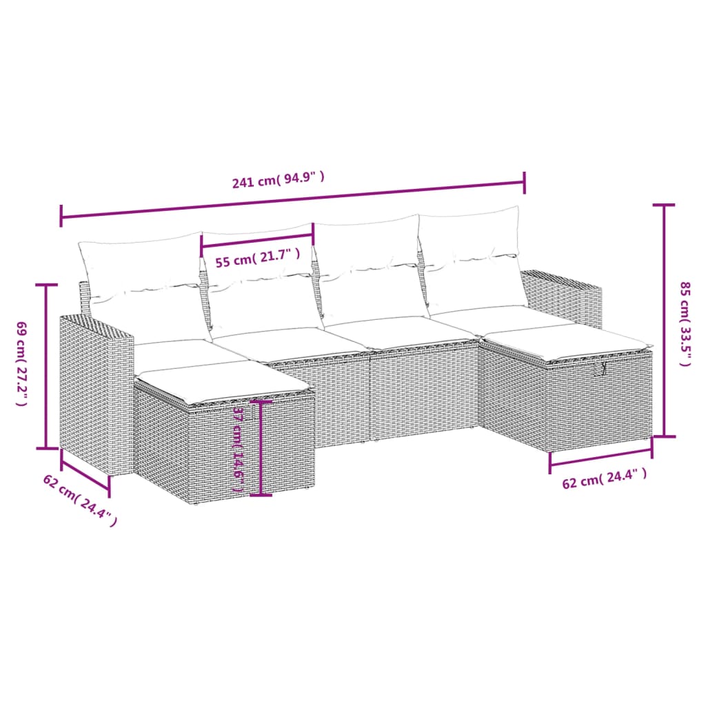 Havesofasæt 6 Dele Med Hynder Polyrattan Beige - Billede 4