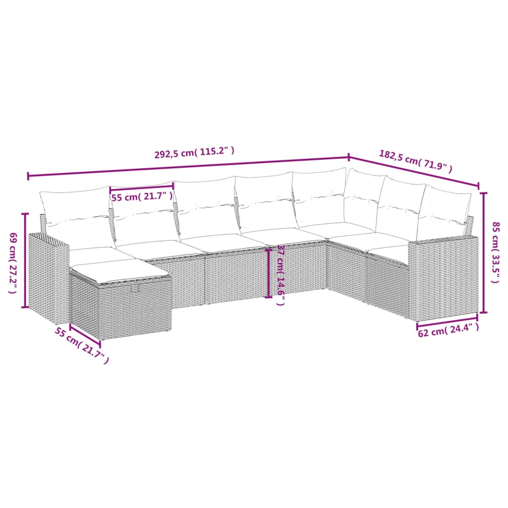 Havesofasæt 8 Dele Med Hynder Polyrattan Beige - Billede 4