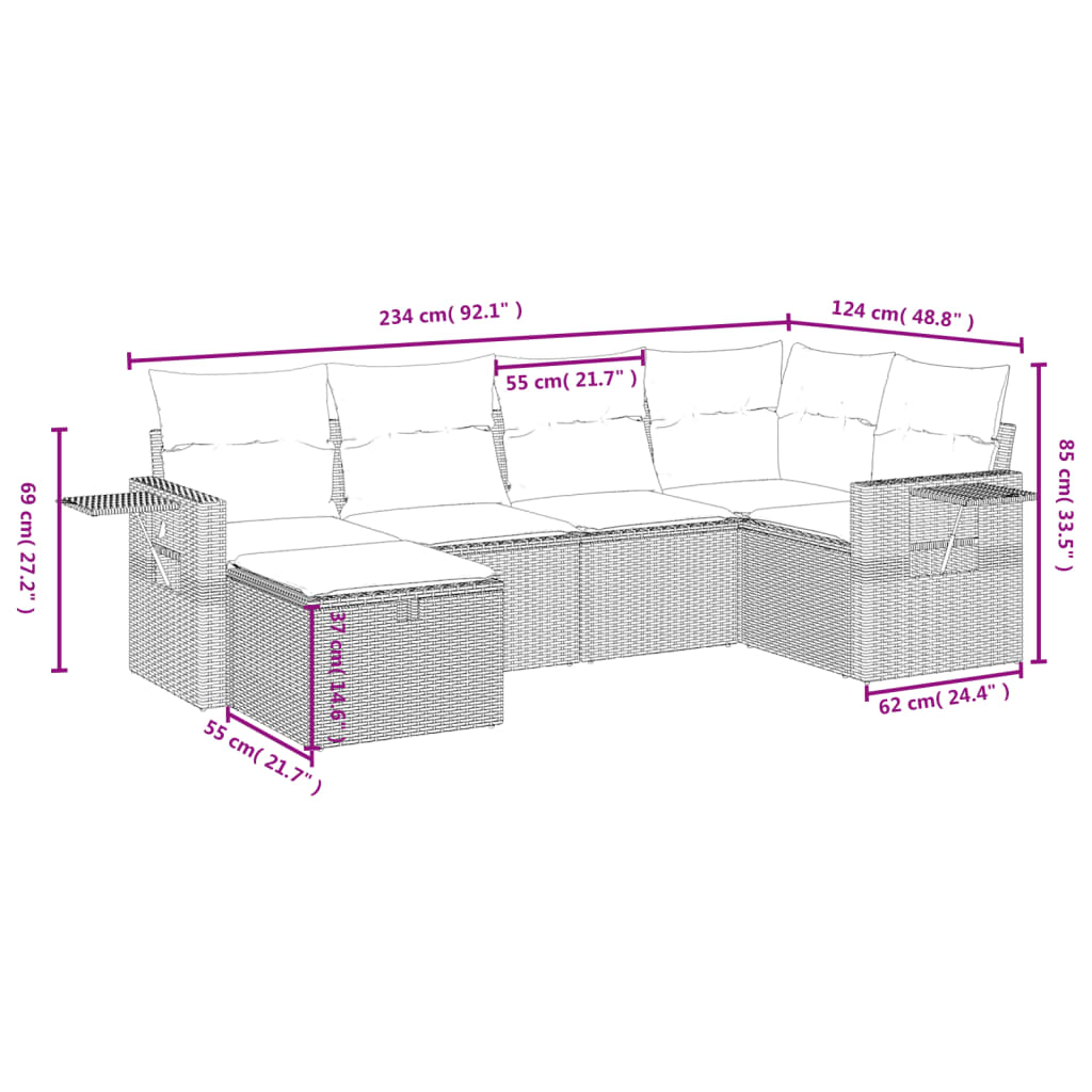 Havesofasæt 6 Dele Med Hynder Polyrattan Beige - Billede 4