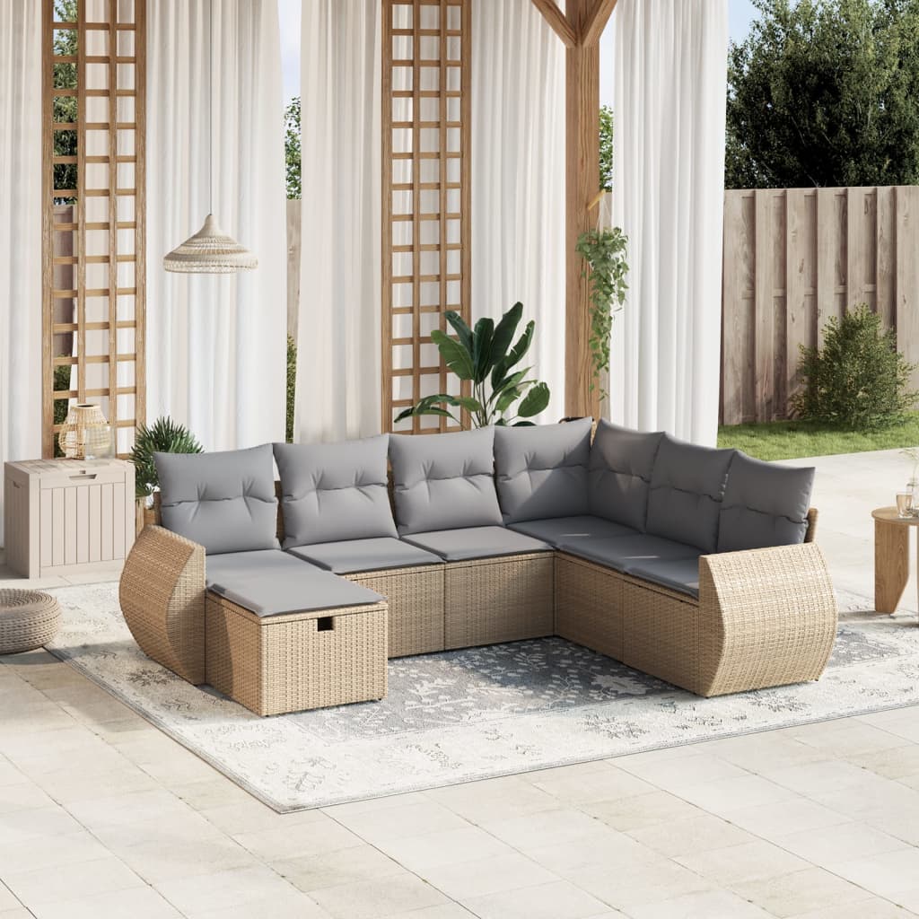Havesofasæt 7 Dele Med Hynder Polyrattan Beige - Hovedbillede