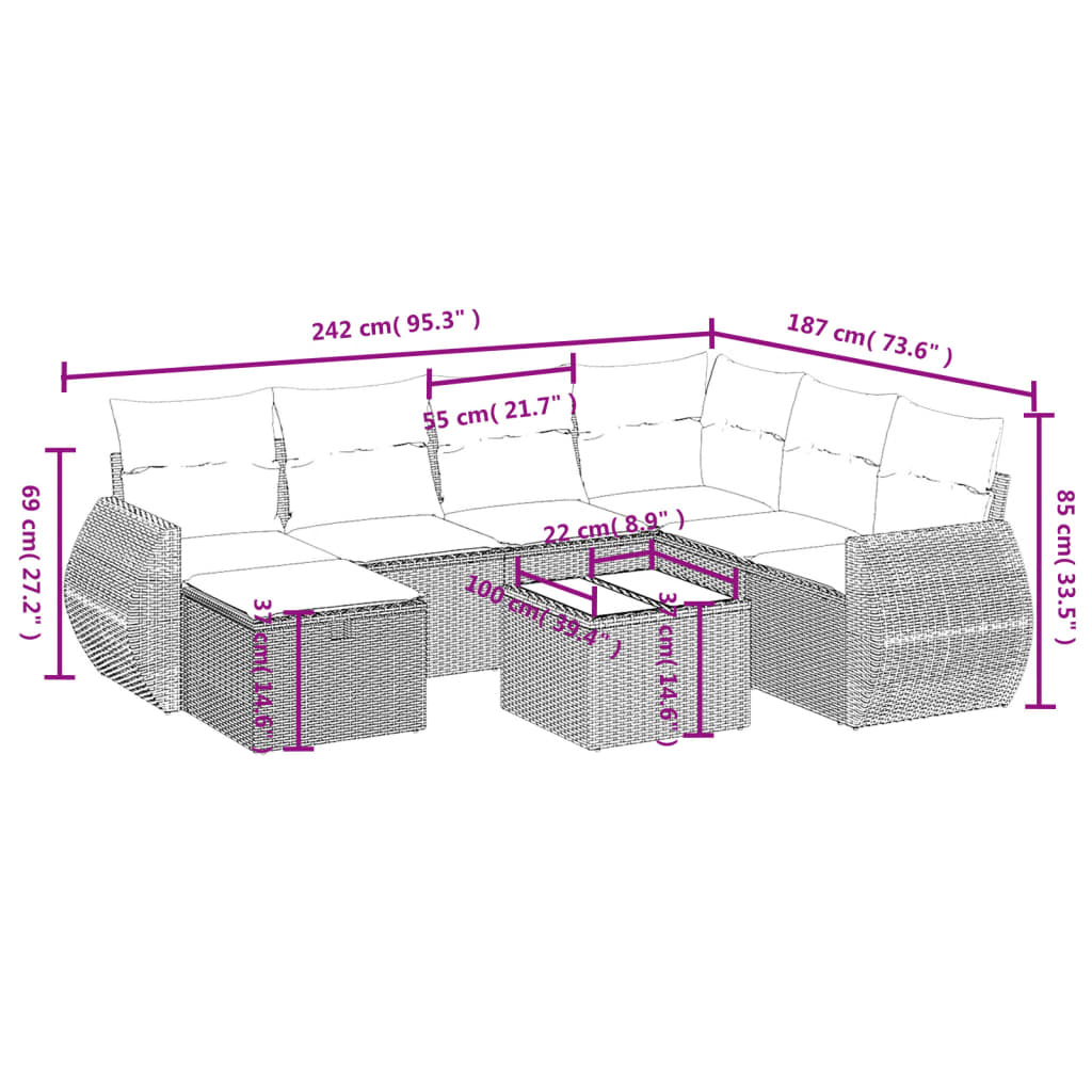 Havesofasæt 8 Dele Med Hynder Polyrattan Beige - Billede 4