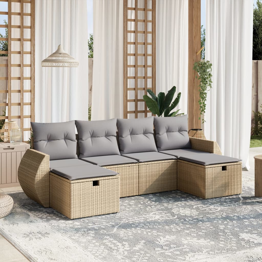 Havesofasæt 6 Dele Med Hynder Polyrattan Beige - Hovedbillede