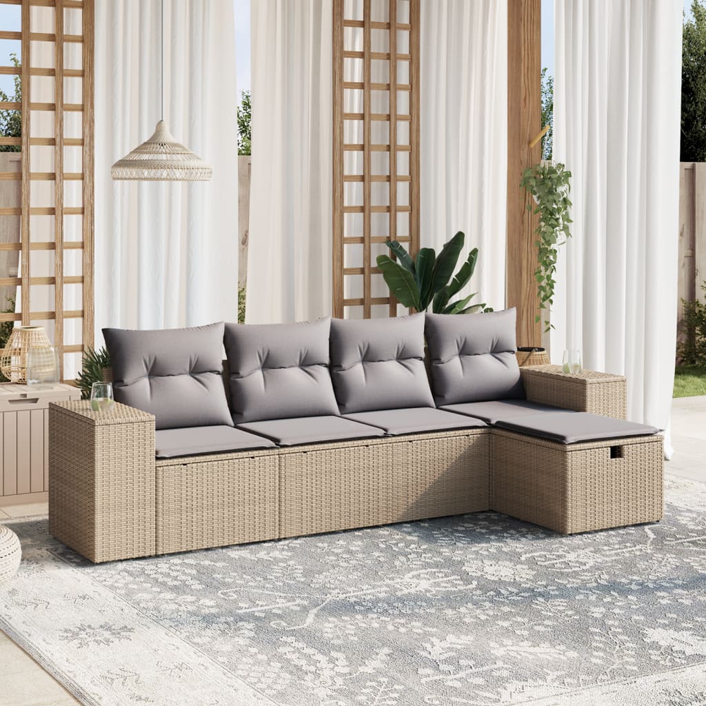 Havesofasæt 5 Dele Med Hynder Polyrattan Beige - Hovedbillede