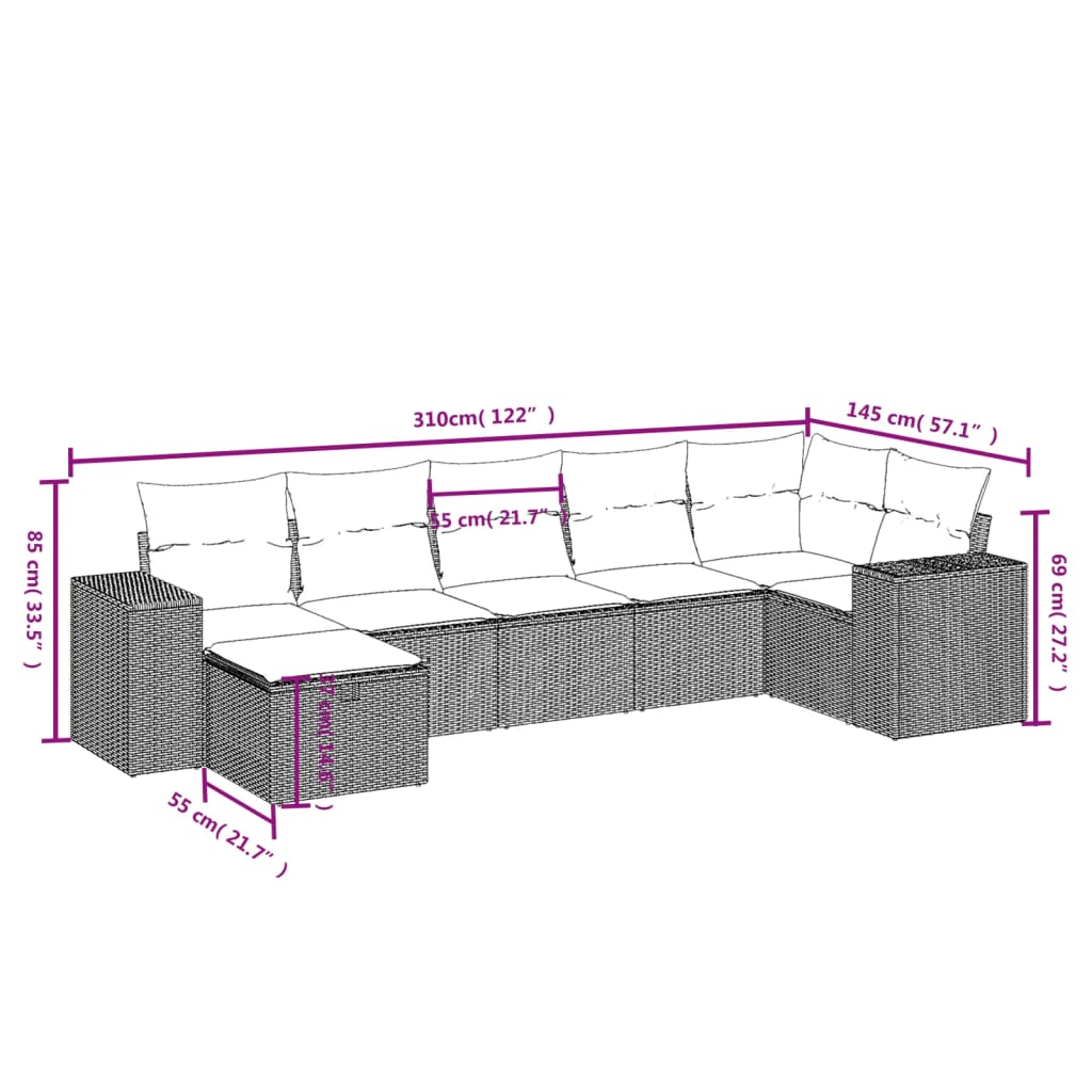 Havesofasæt 7 Dele Med Hynder Polyrattan Beige - Billede 4
