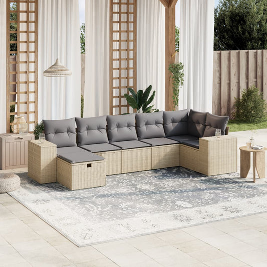Havesofasæt 7 Dele Med Hynder Polyrattan Beige - Hovedbillede