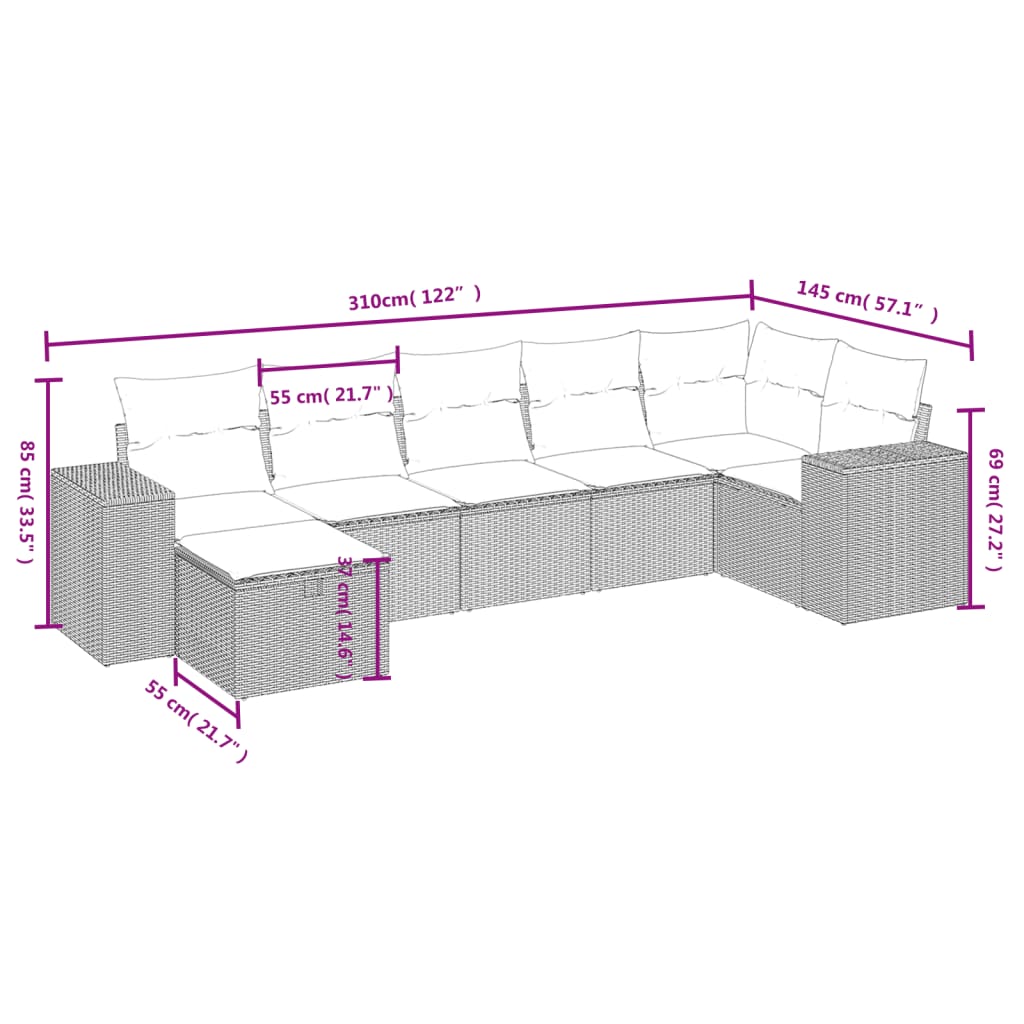 Havesofasæt 7 Dele Med Hynder Polyrattan Beige - Billede 4