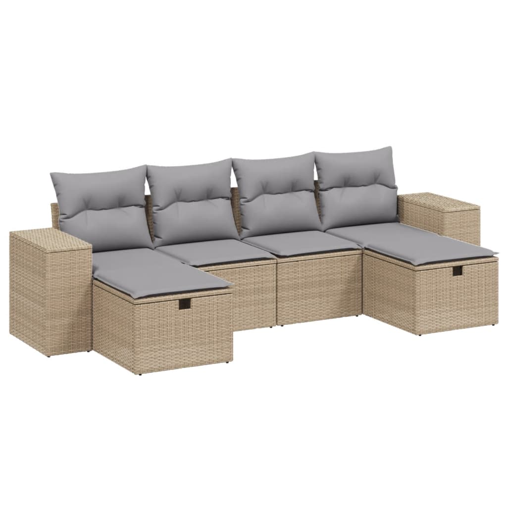 Havesofasæt 6 Dele Med Hynder Polyrattan Beige - Billede 2